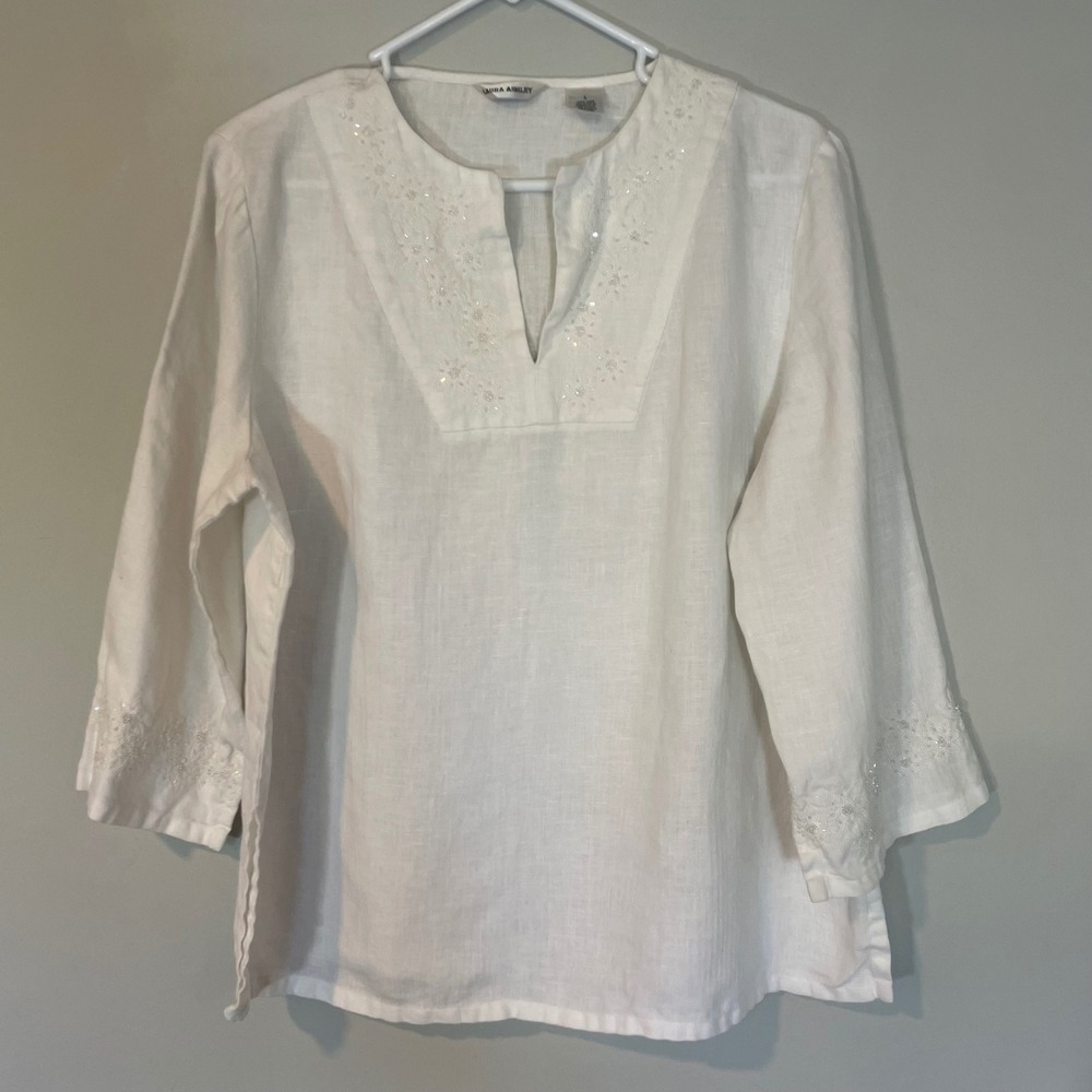 Laura Ashley Womens‎ White Linen Embroidered Sequin Tunic Top Size L Boho